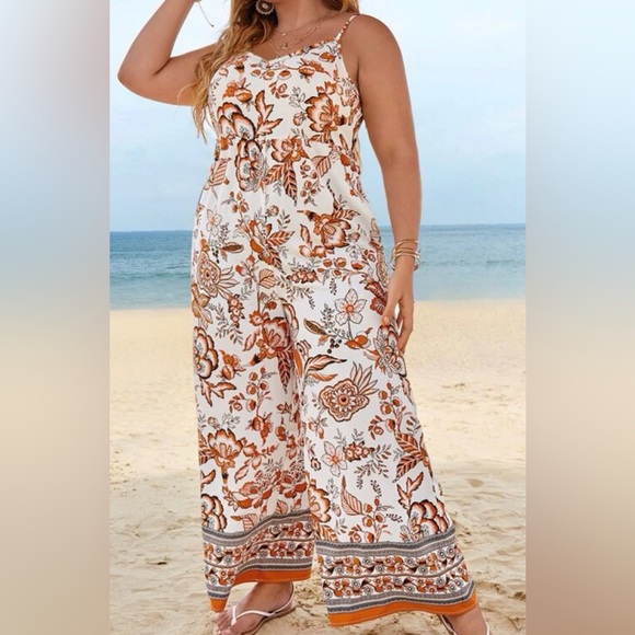 Bohemian Boho Plus Size Floral Paisley Pockets Wide Leg Pants Jumpsuit - Picture 7 of 11